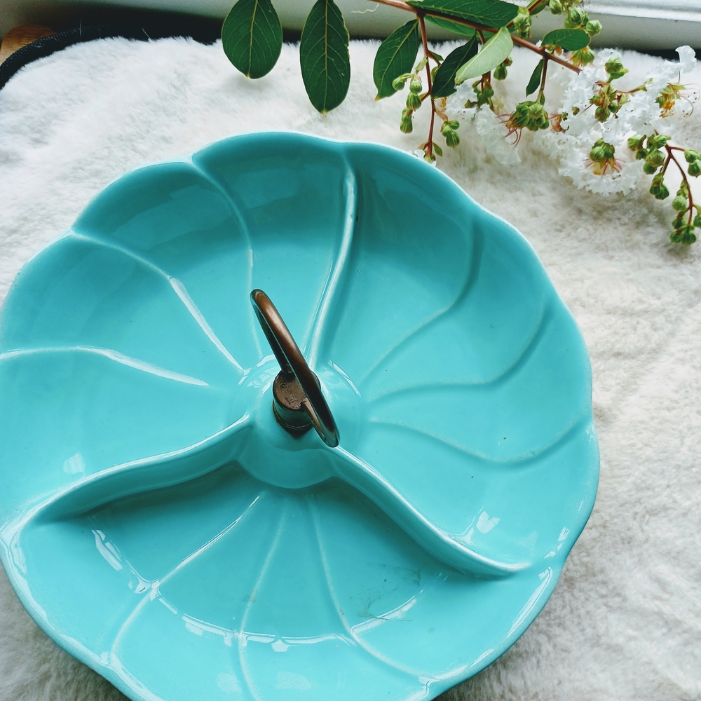 Vintage, Mid-Century, California Pottery aqua 3 section candy Dish, Serving Dish - Picture 10 of 10